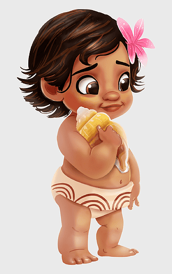 baby Moana, sconce shell illustration, cartoon character, toddler art, Polynesian culture, animated adventure, children's entertainment