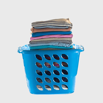 basket of folded clothes, blue laundry basket, pile of clothes, folded baby clothes, clean clothing storage, organized laundry, household essentials
