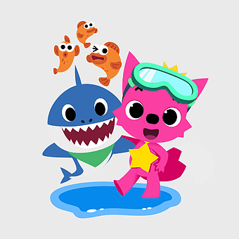 Pinkfong Baby Shark Song, little baby shark character, pinkfong children's song art, animated cat with goggles, underwater adventure illustration, playful cartoon characters, fun kids entertainment