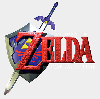 Legend of Zelda Ocarina of Time logo, Link's sword and shield, Nintendo 64 game art, Zelda franchise symbols, fantasy adventure game elements, iconic video game, classic gaming memorabilia