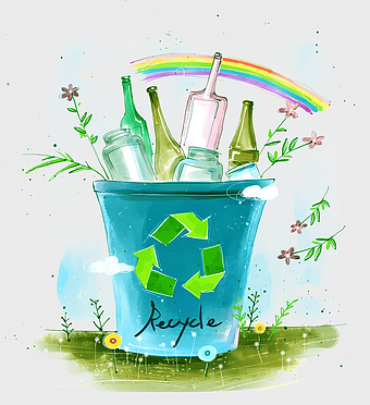 recycling bin illustration, environmental protection cartoon, waste sorting icon, reduce reuse recycle concept, sustainable living practices, eco-friendly waste management, green lifestyle