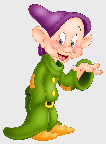 Dopey the Dwarf, Disney Snow White character, cartoon dwarf figurine, Walt Disney Company character, mythical creature with green outfit, whimsical Disney figure, classic animated dwarf pose