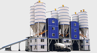 concrete plant facility, ready-mix concrete production, industrial cement storage silos, architectural engineering structures, construction material processing, heavy industry machinery, concrete manufacturing plant