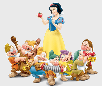 Snow White and the Seven Dwarfs, Bashful and Grumpy characters, Snow White holding apple, Disney fairy tale figurines, classic cartoon characters, musical dwarfs ensemble, enchanted forest scene