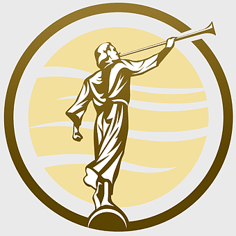 Angel Moroni logo, Mormon Church symbol, Latter-day Saints missionary art, Angel Moroni statue, golden angel, religious sculpture design, spiritual figure illustration