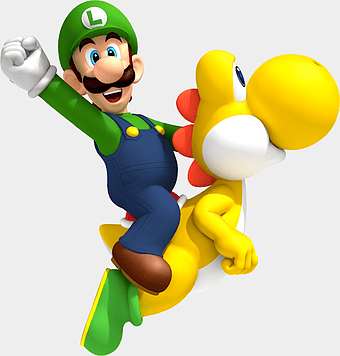 Luigi riding Yoshi, New Super Mario Bros Wii characters, Mario Bros video game art, Luigi and Yoshi figurine, Nintendo mascot duo, Super Mario cartoon illustration, gaming character interaction