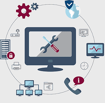 phone repair illustration, IT infrastructure support, cloud computing services, technical support diagram, network management tools, electronics repair solutions, system maintenance icons