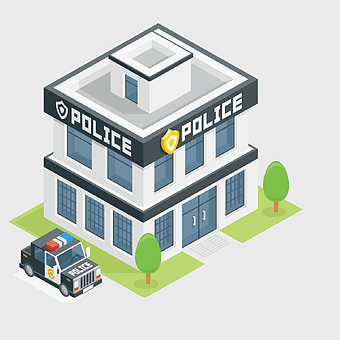 cartoon police station, cartoon police officer, police department building, flat design police car, isometric police building, law enforcement cartoon, public safety illustration