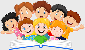 children reading, cartoon illustration, group of kids, happy children, educational content, playful learning, childhood joy