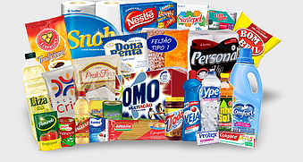 RESCON BRASIL packaging, Brazilian convenience food, plastic brand labels, junk food assortment, sustainable consumption products, grocery basket items, household essentials collection