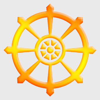 Dharmachakra Buddhism symbol, orange Wheel of Dharma illustration, symmetry in Buddhist icons, Three Turnings of the Dharmachakra wheel, spiritual path, enlightened teaching illustration, meditation art graphic