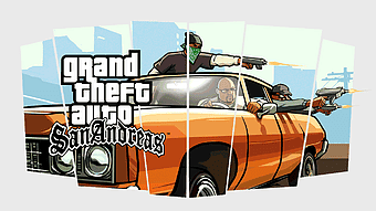 Grand Theft Auto San Andreas cover, GTA San Andreas game art, vintage car in video game, San Andreas Multiplayer mod, urban action game graphics, retro gaming artwork, classic open-world game design