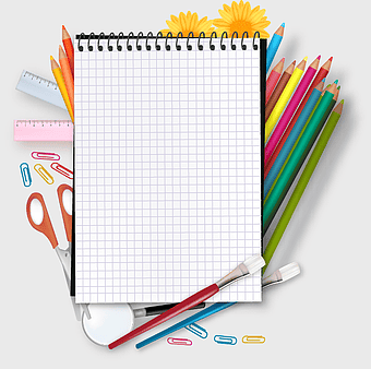 notepad and colored pencils, school supplies pattern, hand-colored school items, primary education materials, educational stationery set, classroom essentials, back-to-school tools