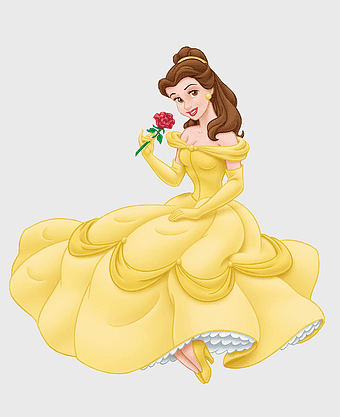 Belle Disney Princess, Beauty and the Beast illustration, yellow gown princess, Belle holding rose, fairy tale character, enchanted princess art, classic Disney heroines