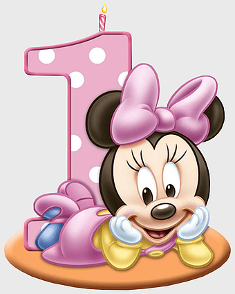 Minnie Mouse birthday illustration, Mickey Mouse themed cake, baby Minnie Mouse, pink birthday cake topper, cartoon character party, children's birthday decor, festive cake decoration