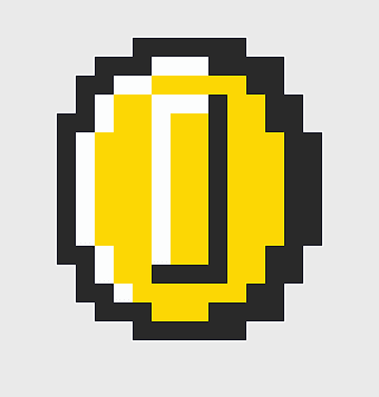 Super Mario coin illustration, pixel art coin, yellow game coin, Super Mario World coin, retro video game items, classic game symbols, digital coin art