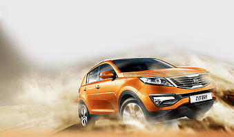 Kia off-road vehicle, compact car design, vintage car effects, mid-size car exterior, automotive adventure, rugged terrain driving, dust cloud action