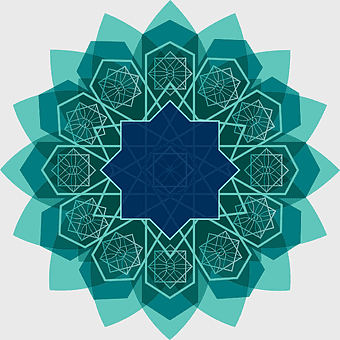 Islamic geometric patterns, teal and blue floral artwork, Islamic New Year art, green line symmetry design, mandala-inspired art, sacred geometry visuals, spiritual floral motifs