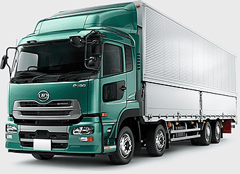 Nissan Diesel Quon truck, freight transport vehicle, commercial cargo truck, semi-trailer truck, heavy-duty transportation, logistics delivery service, industrial hauling vehicle