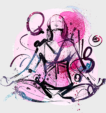 Meditation Reiki watercolor, purple yoga art, woman meditating painting, Mikao Usui design, spiritual healing illustration, mindfulness practice drawing, chakra energy visual