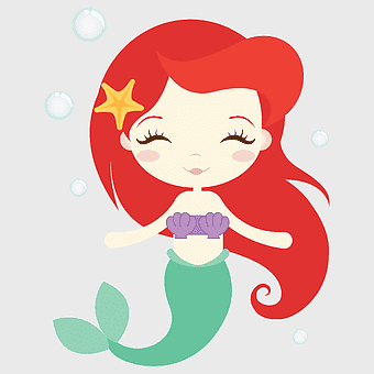 Little Mermaid Ariel cartoon, red-haired mermaid illustration, fantasy mythical creature art, mermaid with starfish accessory, underwater fantasy character, whimsical ocean art, enchanting mermaid design