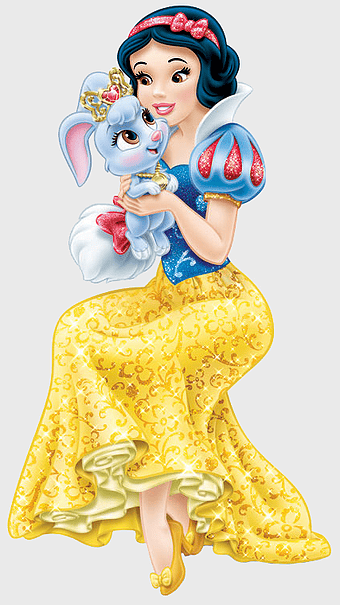 Snow White, Disney Princess Palace Pets, animated cartoon princess, mythical creature doll, royal bunny companion, fairytale character art, whimsical princess illustration
