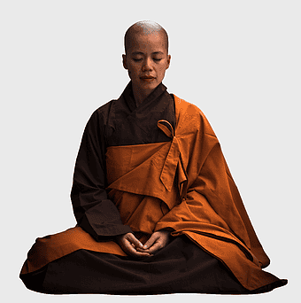 monk meditation, Buddhist monk, meditation pose, orange robe, spiritual practice, mindfulness exercise, serene expression, png