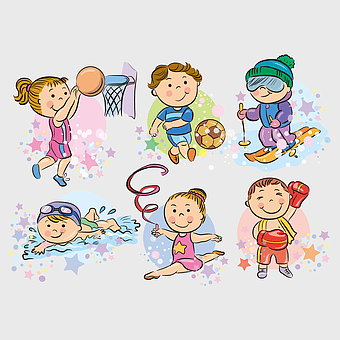 cartoon sport kids, sports silhouettes for children, happy birthday sports theme, kids activities illustration, playful sports characters, children's sports activities, fun kids sports icons