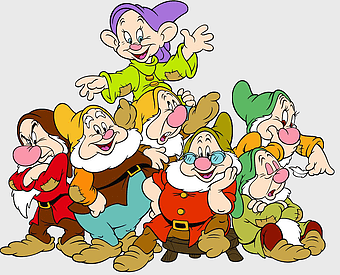Seven Dwarfs characters, Disney cartoon dwarfs, Grumpy Bashful Sneezy Dopey, Snow White companions, fantasy dwarf art, festive holiday, classic animated characters