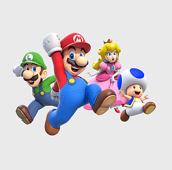 Super Mario Bros characters, Nintendo video game art, Mario and Luigi running, Princess Peach and Toad, Mario series mascots, classic gaming figures, animated adventure heroes
