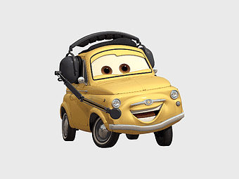 Disney Pixar Cars Guido, cartoon character compact car, anthropomorphic yellow car, Cars Mater-National Championship, vintage vehicle illustration, animated car design, Pixar movie characters