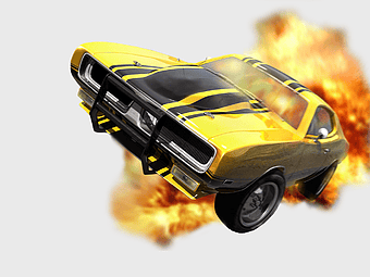 yellow muscle car racing, 3D car game graphics, hot wheels performance vehicle, video game car design, fiery car action, high-speed vehicle animation, retro car gaming visuals
