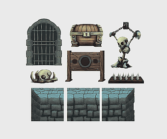 tile-based video game assets, side-scrolling platform game elements, pixel art dungeon tiles, 2D game sprite design, retro game graphics, fantasy game environment, adventure game objects