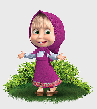 Masha and the Bear Birthday, purple dressed Masha, Masha figurine, Masha and the Bear party, animated toddler character, cartoon child celebration, festive grass scene