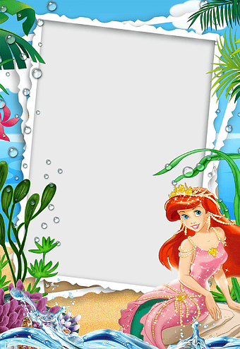 Ariel frame, mermaid border, cartoon princess illustration, golden frame, underwater design, fairy tale art, sea creature theme