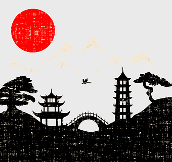 Japan landscape silhouette, Southern town illustration, black and white Japanese garden, monochrome travel poster, traditional Japanese architecture, serene mountain view, cultural heritage scene