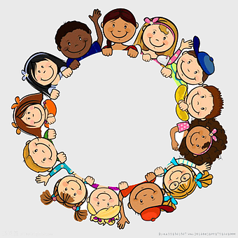 children in a circle, cartoon kids, happy school children, circle frame illustration, playful group, diverse kids art, smiling children circle