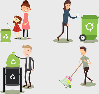 recycling bin illustration, waste collection process, environmental health awareness, family recycling activities, sustainable waste management, eco-friendly practices, community cleanliness efforts