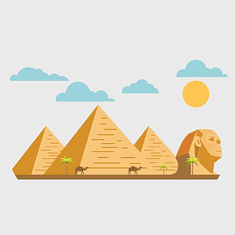 Great Sphinx of Giza cartoon, Egyptian pyramids illustration, Great Pyramid of Giza drawing, Ancient Egypt art, desert landscape animation, pyramid silhouette, sphinx and pyramids scene
