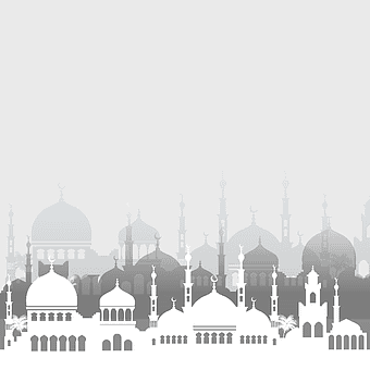 Islam Ramadan Mosque Illustration, Islamic mosque architecture, white mosque illustration, Eid AlFitr, skyline silhouette, architectural skyline, religious landmarks, cultural heritage sites