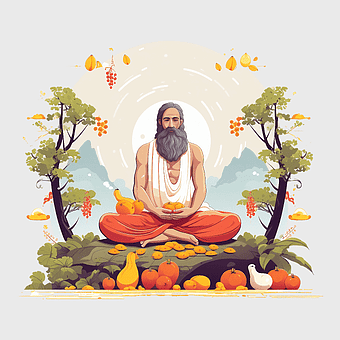 guru purnima man, spiritual teacher illustration, meditation in nature, fruit offerings, yogi in forest, serene environment, cultural celebration, png