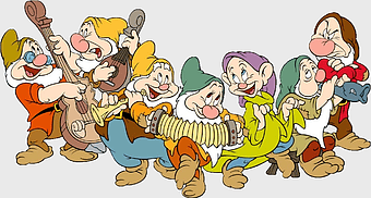 Snow White Seven Dwarfs illustrations, Seven Dwarfs Mine Train, Disney Princess cartoons, Bashful Dopey characters, classic fairy tale art, animated dwarf characters, whimsical fantasy scene
