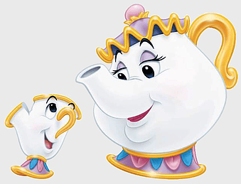 Mrs. Potts and Chip illustration, Disney Beauty and the Beast characters, teacup and teapot characters, Walt Disney Company animation, enchanted household objects, magical teapot and cup, animated fairy tale characters