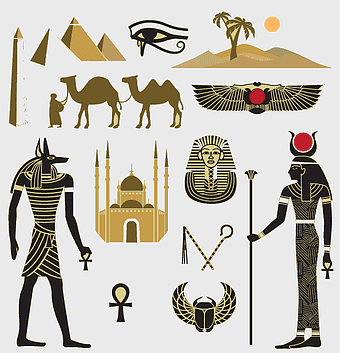 Egyptian pyramids, Great Pyramid of Giza, ancient Egyptian deities, sphinx, desert landscape, pharaoh symbols, hieroglyphics art