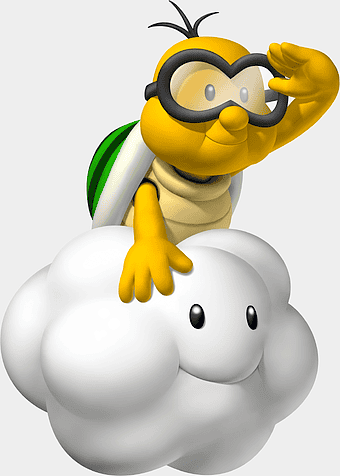 green and yellow turtle riding cloud, New Super Mario Bros. Wii illustration, Lakitu character, Mario Bros video game, cartoon turtle character, cloud creature, gaming art design