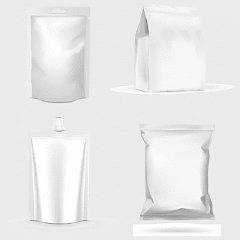 white snack packaging, plastic bag rendering, four white packs illustration, packaging and labeling, snack bag design, blank packaging template, white plastic pouches