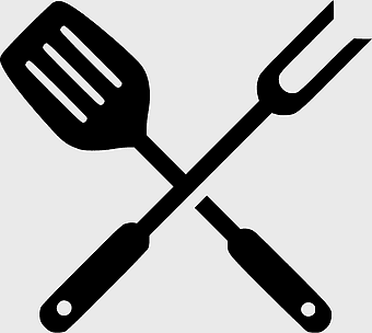 barbecue cooking tools, black and white kitchen utensils, grilling spatula and pitchfork, culinary art icons, outdoor barbecue equipment, barbecue tool set, grill master tools