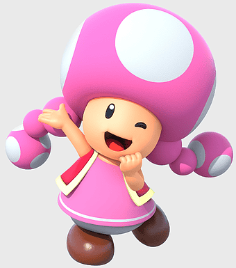 Toadette, Super Mario Run, pink mushroom character, cartoon video game character, mushroom cap design, playful animation, Mario series art