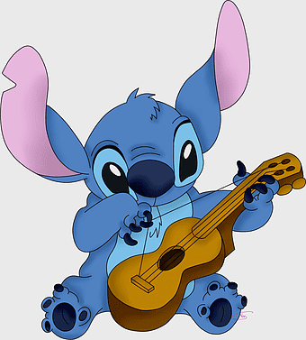 Stitch playing ukulele, Lilo and Stitch cartoon, Disney character playing guitar, Stitch with musical instrument, cute alien playing music, adorable cartoon character, fun Disney animation