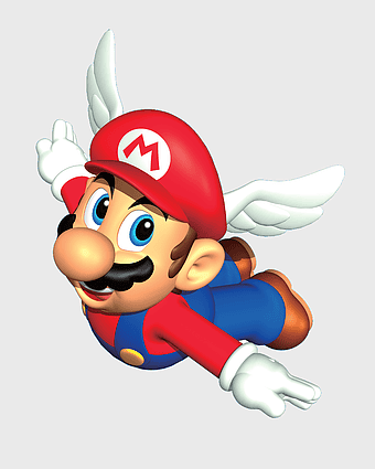 Super Mario 64, Mario Bros character, Nintendo 64 game, cartoon Mario figure, flying Mario art, video game mascot, classic gaming icon